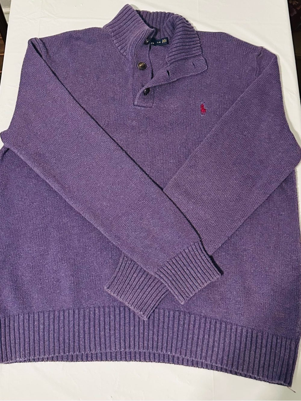 Vintage Ralph Lauren Men's Purple Shawl-Collar Zip-Button Sweater